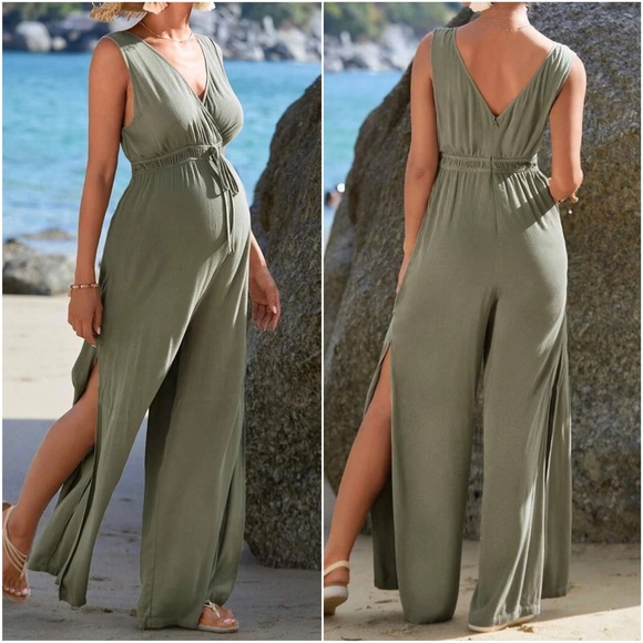 Maternity Surplice Sleeveless Wide Leg Jumpsuit - Picture 5 of 5